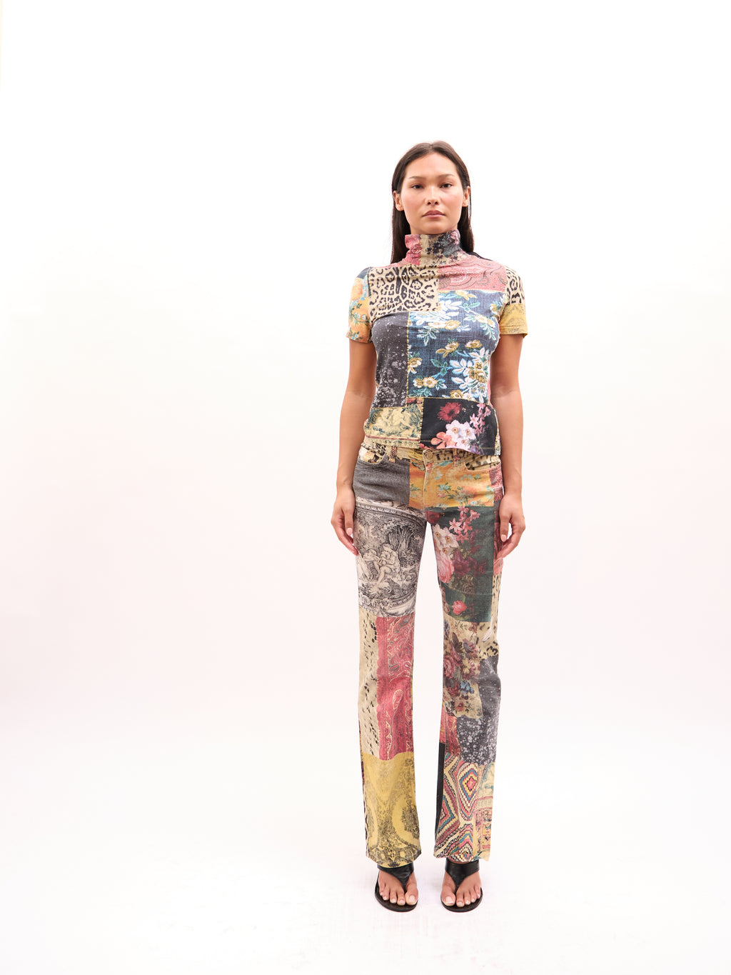 2000s Roberto Cavalli Multicolor Patchwork Top Jeans Set