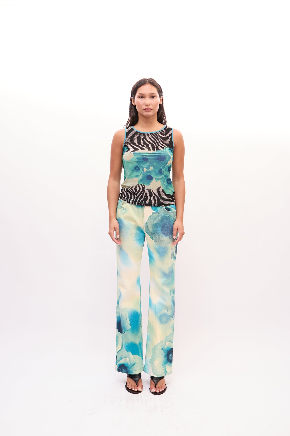 2000s Just Cavalli Blue Watercolor Floral And Zebra Print Top Jeans Set
