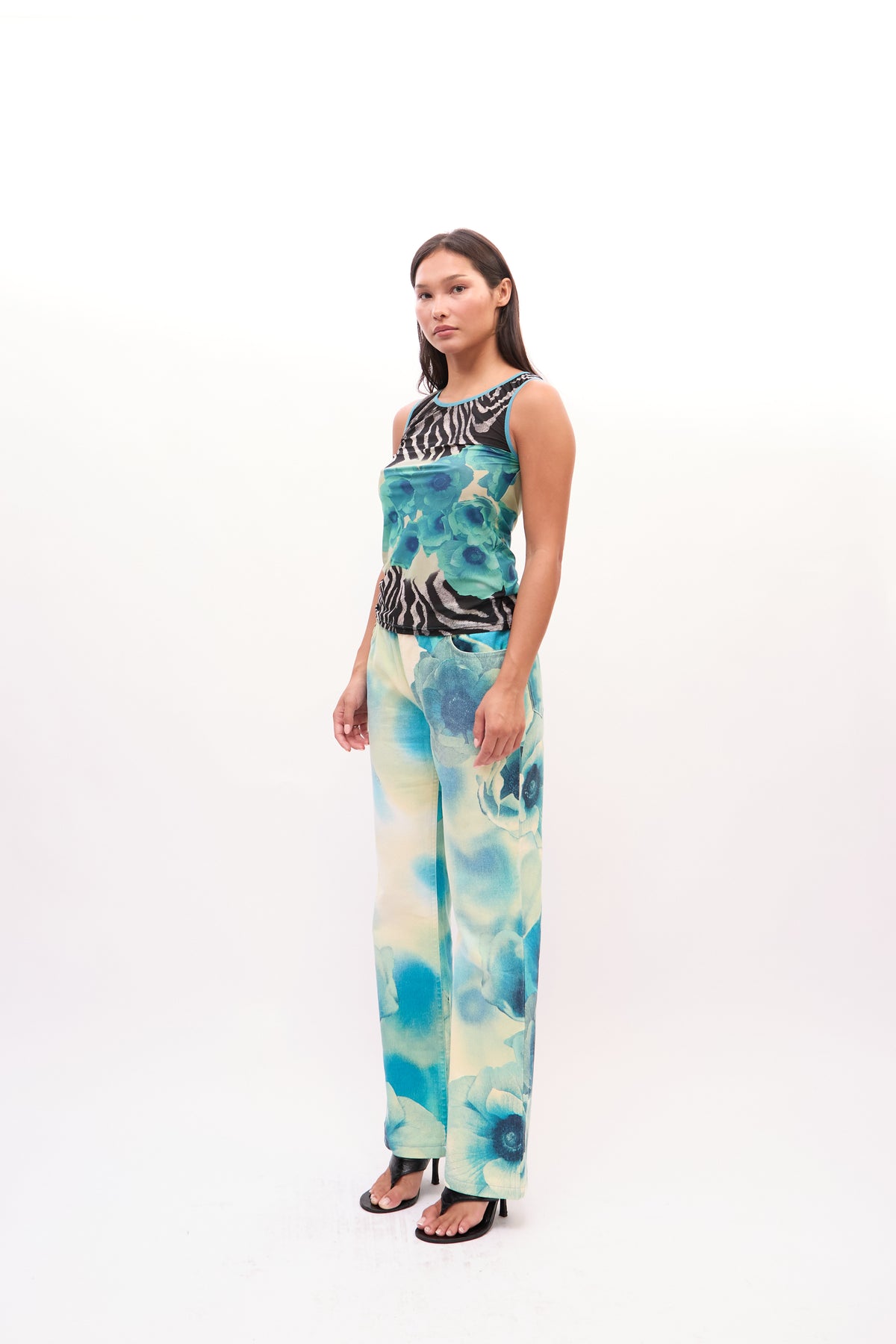 2000s Just Cavalli Blue Watercolor Floral And Zebra Print Top Jeans Set