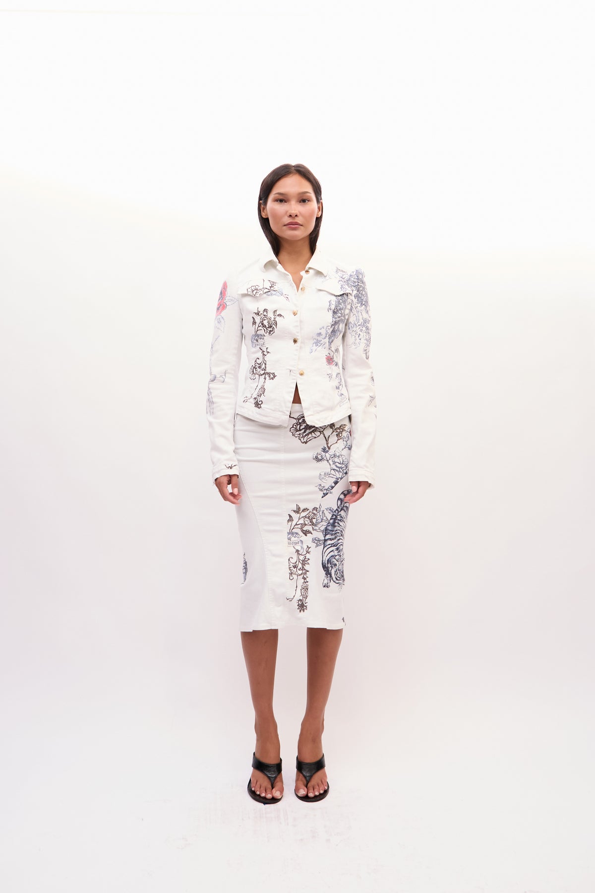 2003 Roberto Cavalli White Mon Amour Tattoo Print Jacket Skirt Set