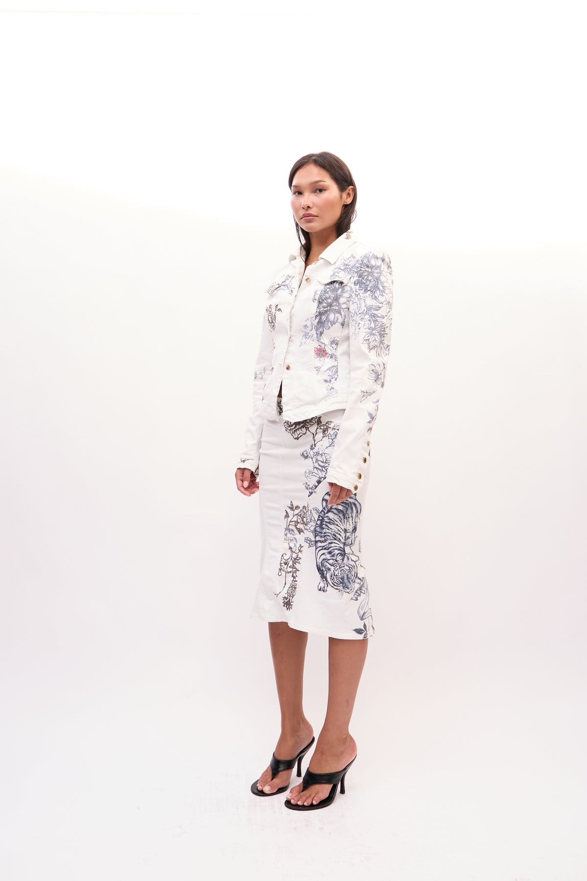 2003 Roberto Cavalli White Mon Amour Tattoo Print Jacket Skirt Set