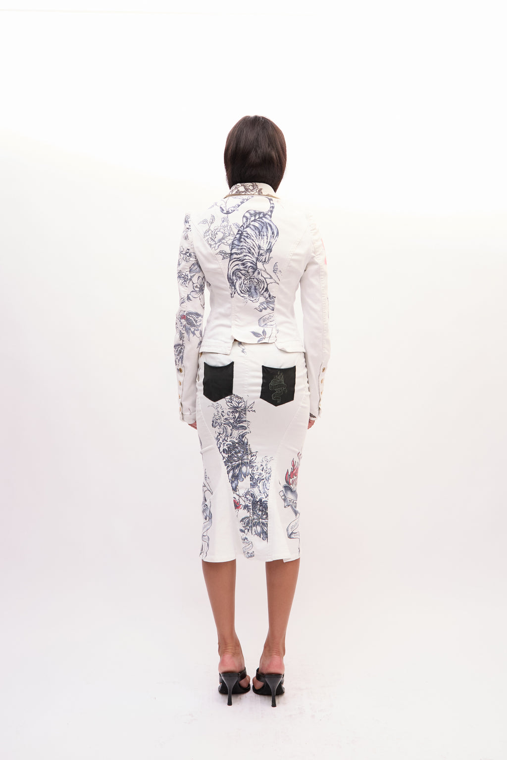 2003 Roberto Cavalli White Mon Amour Tattoo Print Jacket Skirt Set
