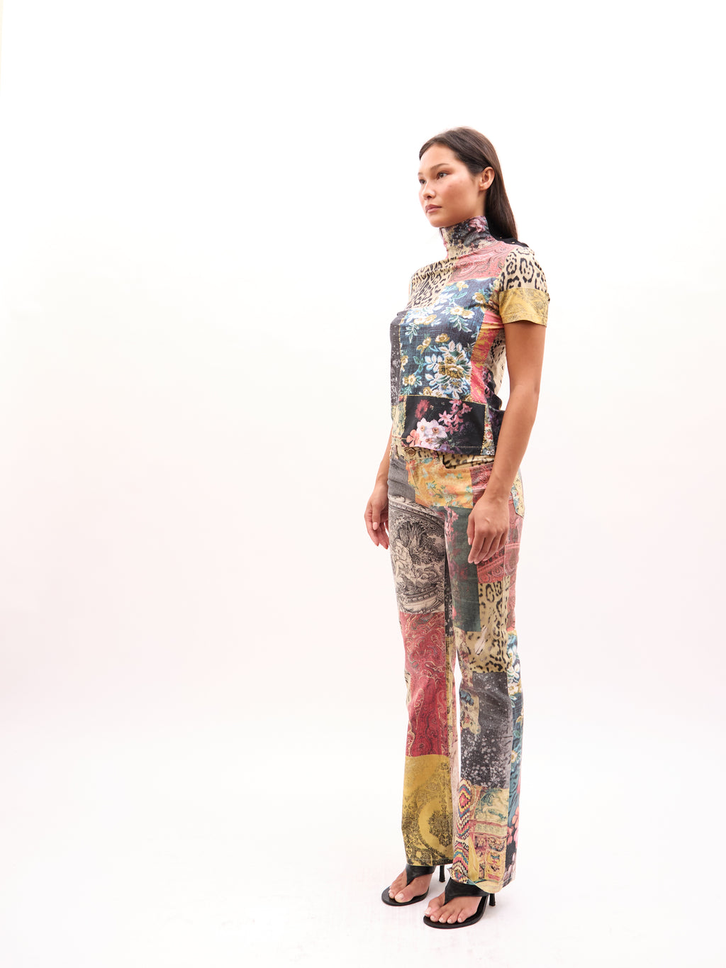 2000s Roberto Cavalli Multicolor Patchwork Top Jeans Set