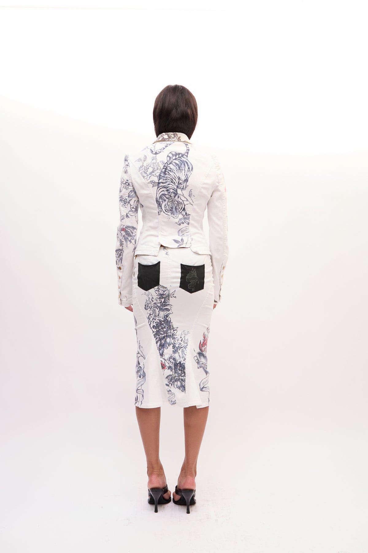 2003 Roberto Cavalli White Mon Amour Tattoo Print Jacket Skirt Set