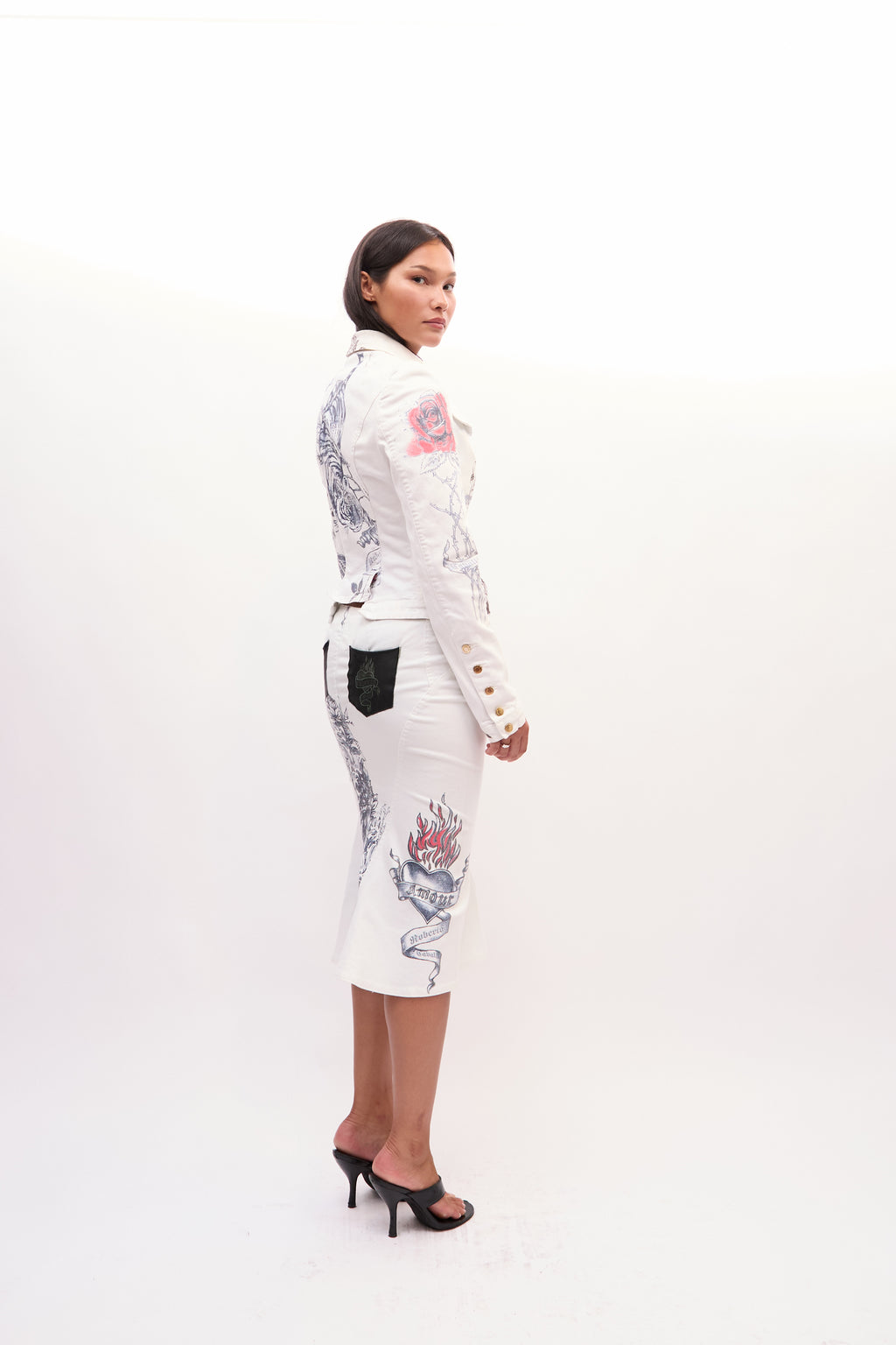 2003 Roberto Cavalli White Mon Amour Tattoo Print Jacket Skirt Set
