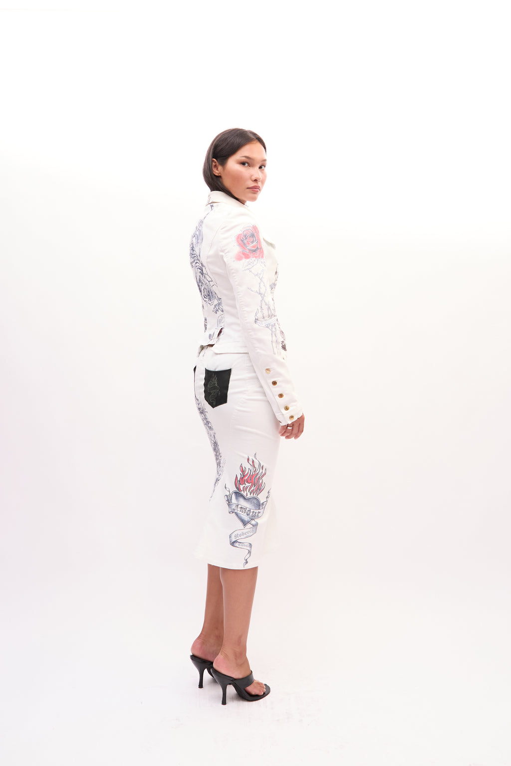 2003 Roberto Cavalli White Mon Amour Tattoo Print Jacket Skirt Set