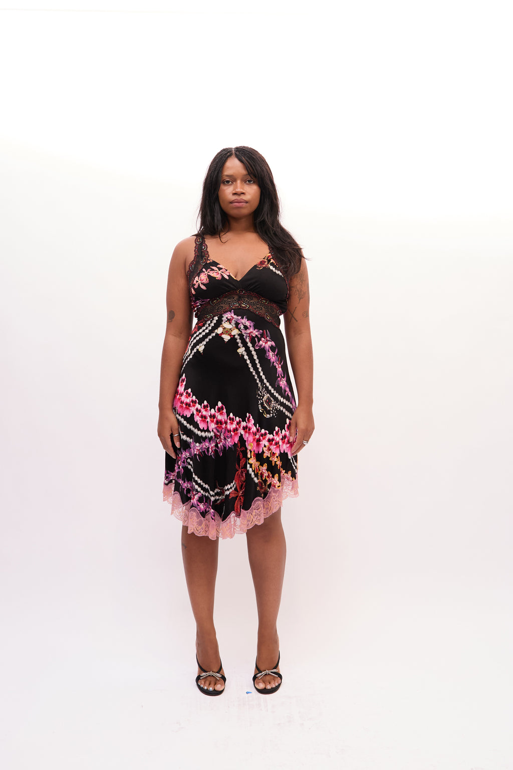 2000s Just Cavalli Black Pink, Multicolor Floral Lace Dress