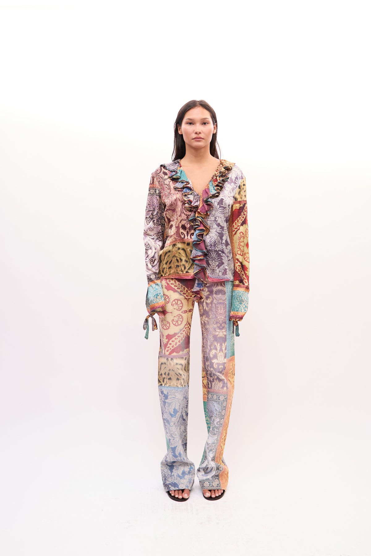 2000s Roberto Cavalli Multicolor Patchwork Paisley Ruffle Silk Top Jeans Set