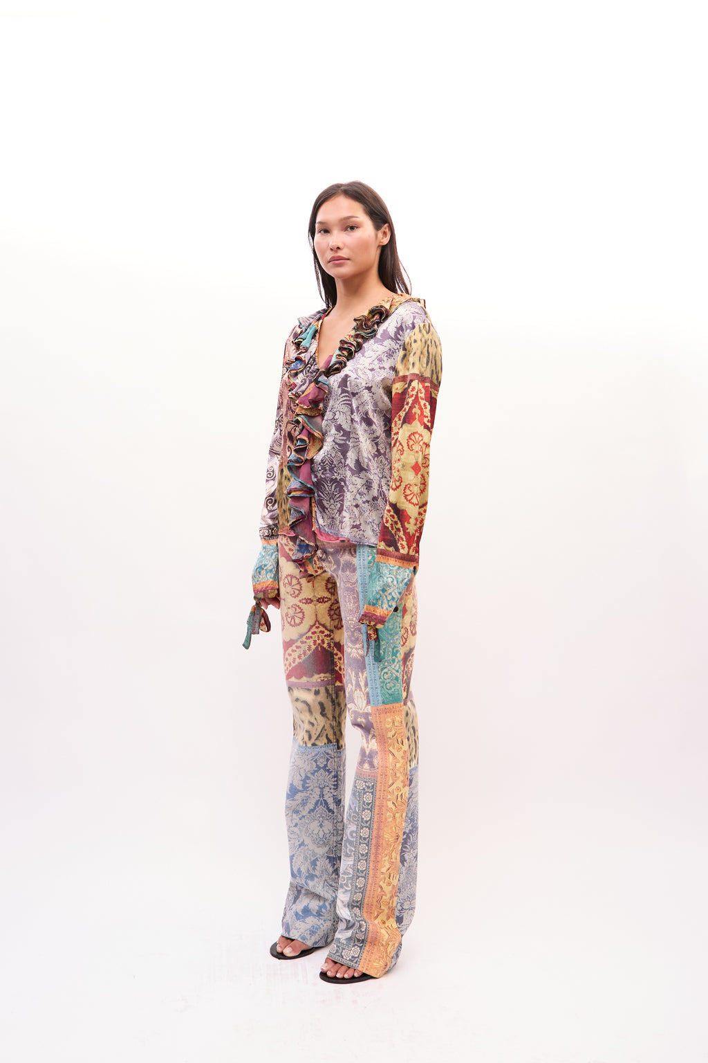2000s Roberto Cavalli Multicolor Patchwork Paisley Ruffle Silk Top Jeans Set