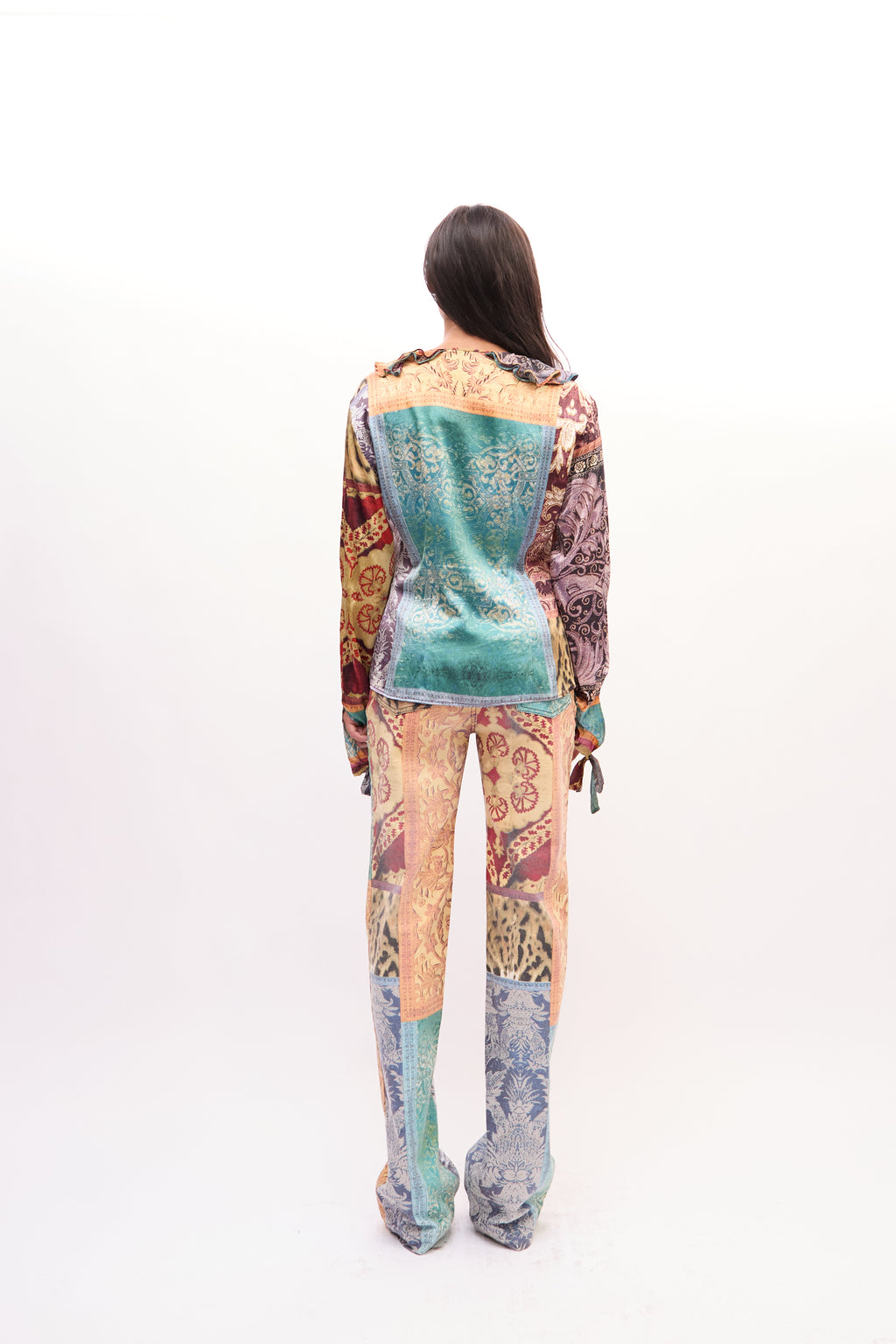 2000s Roberto Cavalli Multicolor Patchwork Paisley Ruffle Silk Top Jeans Set