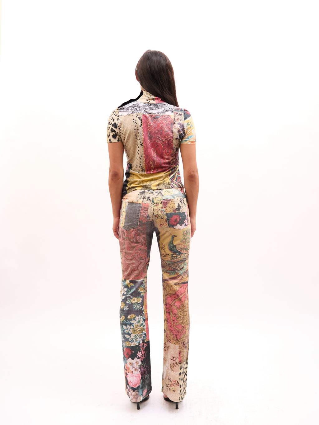 2000s Roberto Cavalli Multicolor Patchwork Top Jeans Set