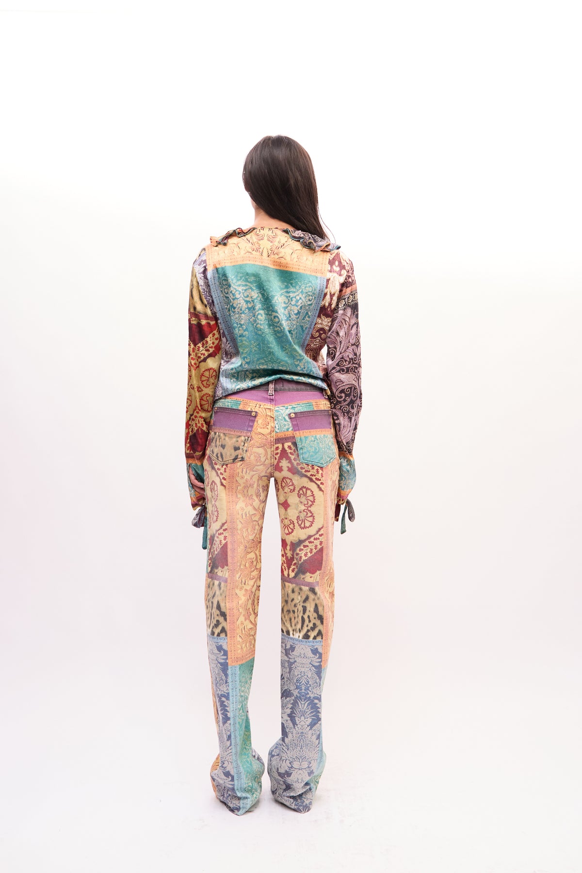 2000s Roberto Cavalli Multicolor Patchwork Paisley Ruffle Silk Top Jeans Set