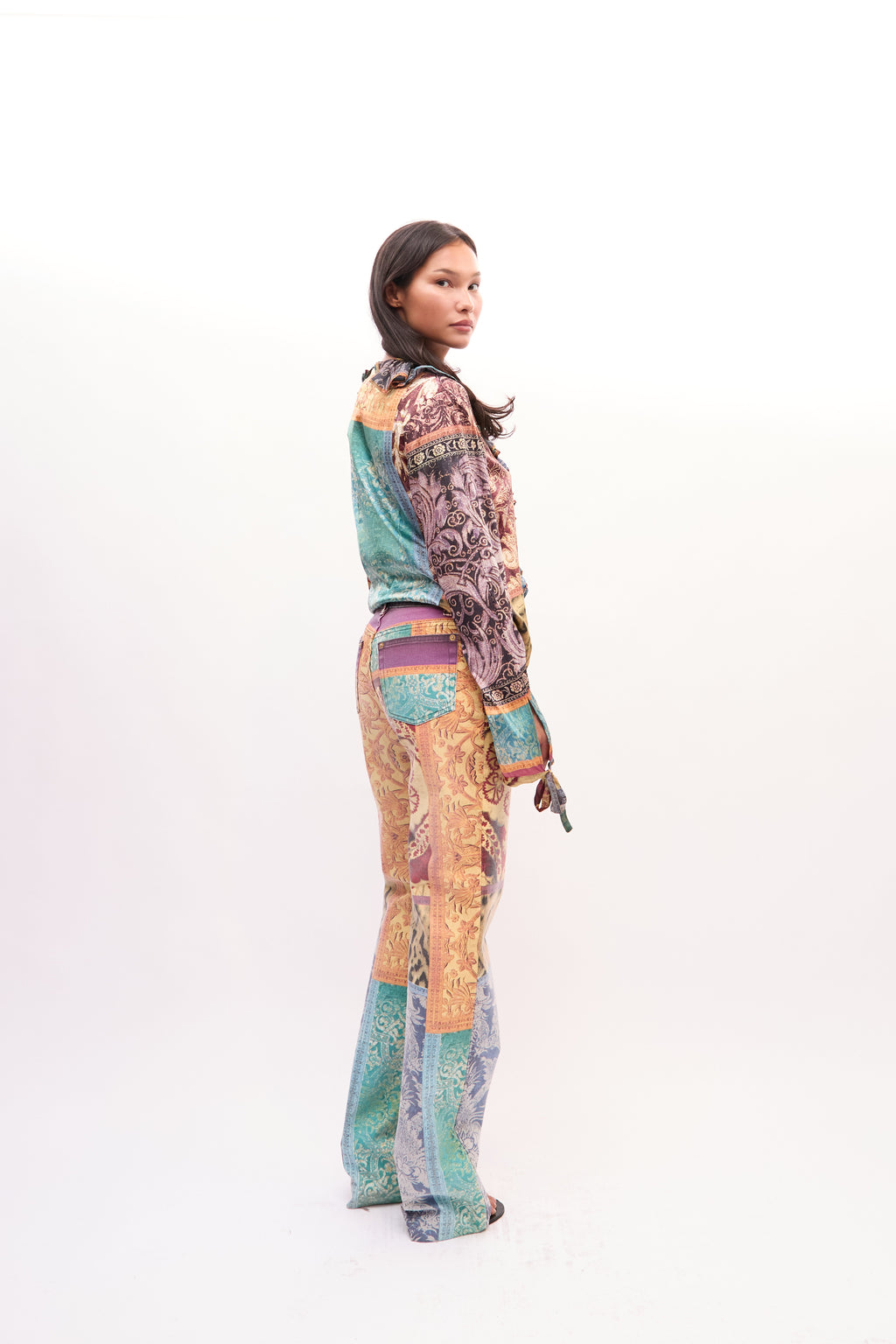 2000s Roberto Cavalli Multicolor Patchwork Paisley Ruffle Silk Top Jeans Set