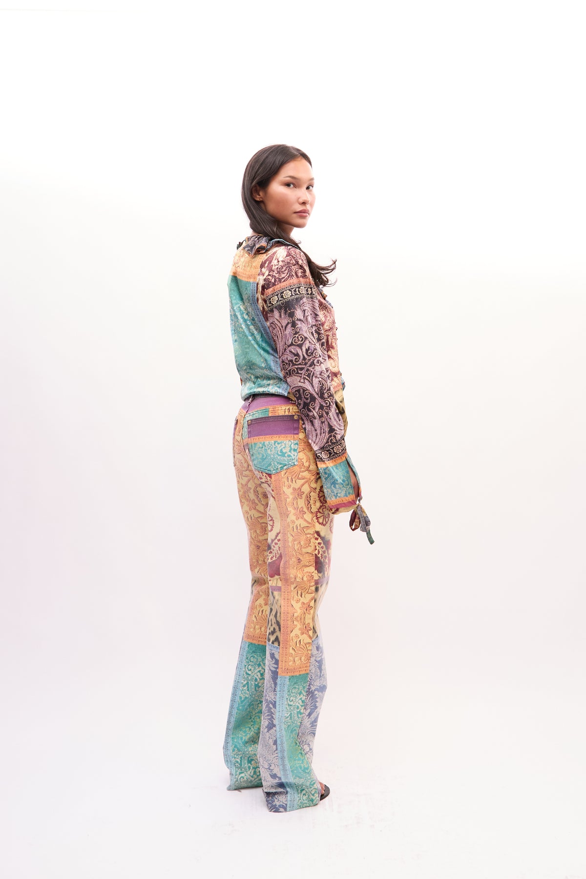 2000s Roberto Cavalli Multicolor Patchwork Paisley Ruffle Silk Top Jeans Set