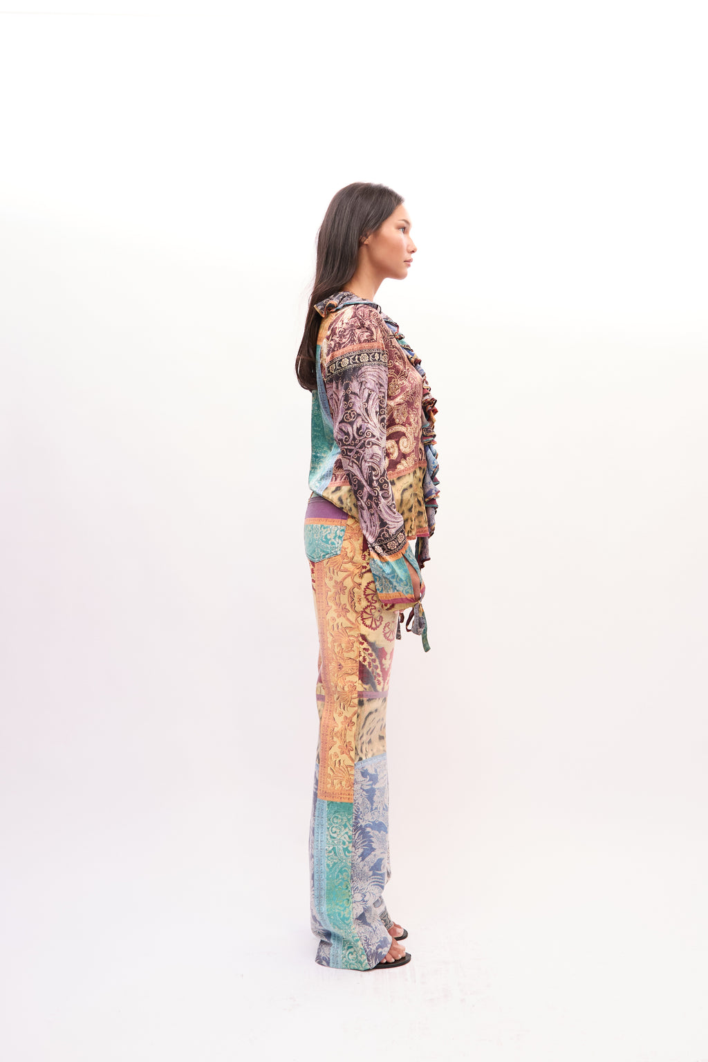 2000s Roberto Cavalli Multicolor Patchwork Paisley Ruffle Silk Top Jeans Set