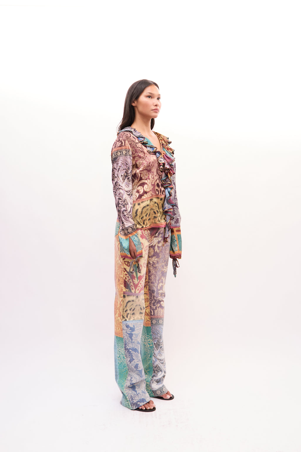 2000s Roberto Cavalli Multicolor Patchwork Paisley Ruffle Silk Top Jeans Set