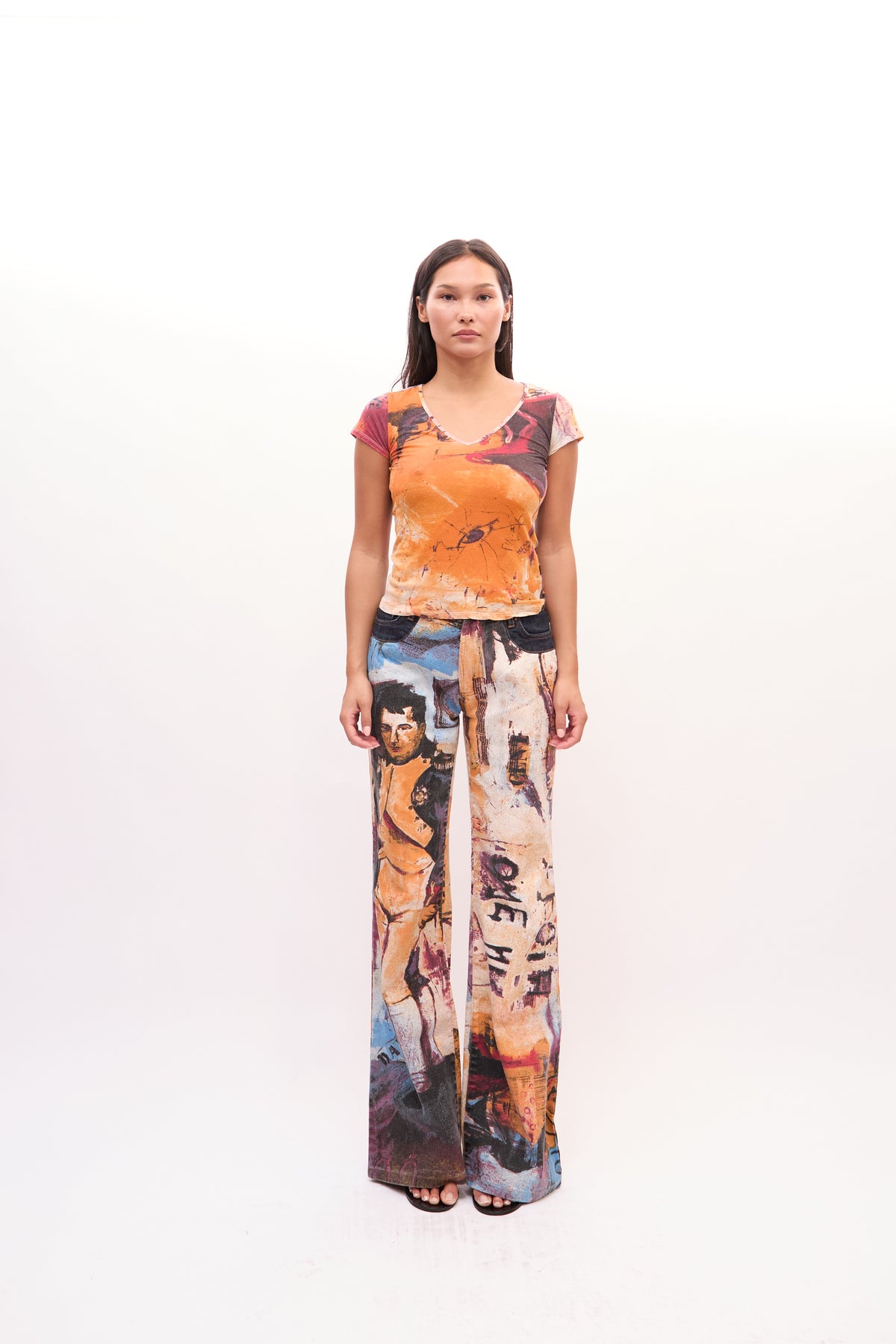 2000s Just Cavalli Orange Multicolor Napoleon Portrait Print Top Jeans Set