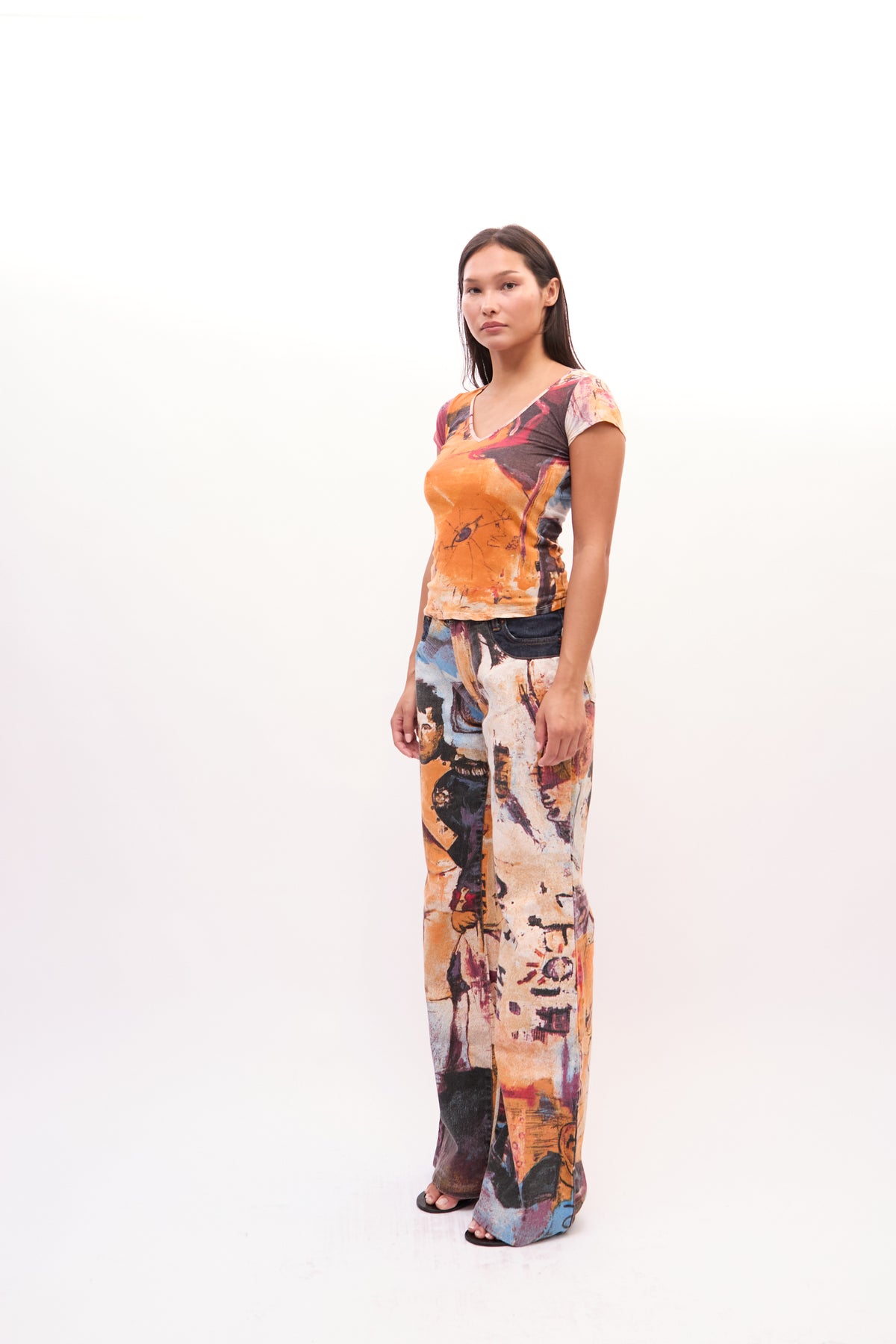2000s Just Cavalli Orange Multicolor Napoleon Portrait Print Top Jeans Set