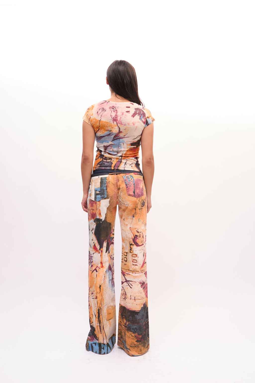 2000s Just Cavalli Orange Multicolor Napoleon Portrait Print Top Jeans Set