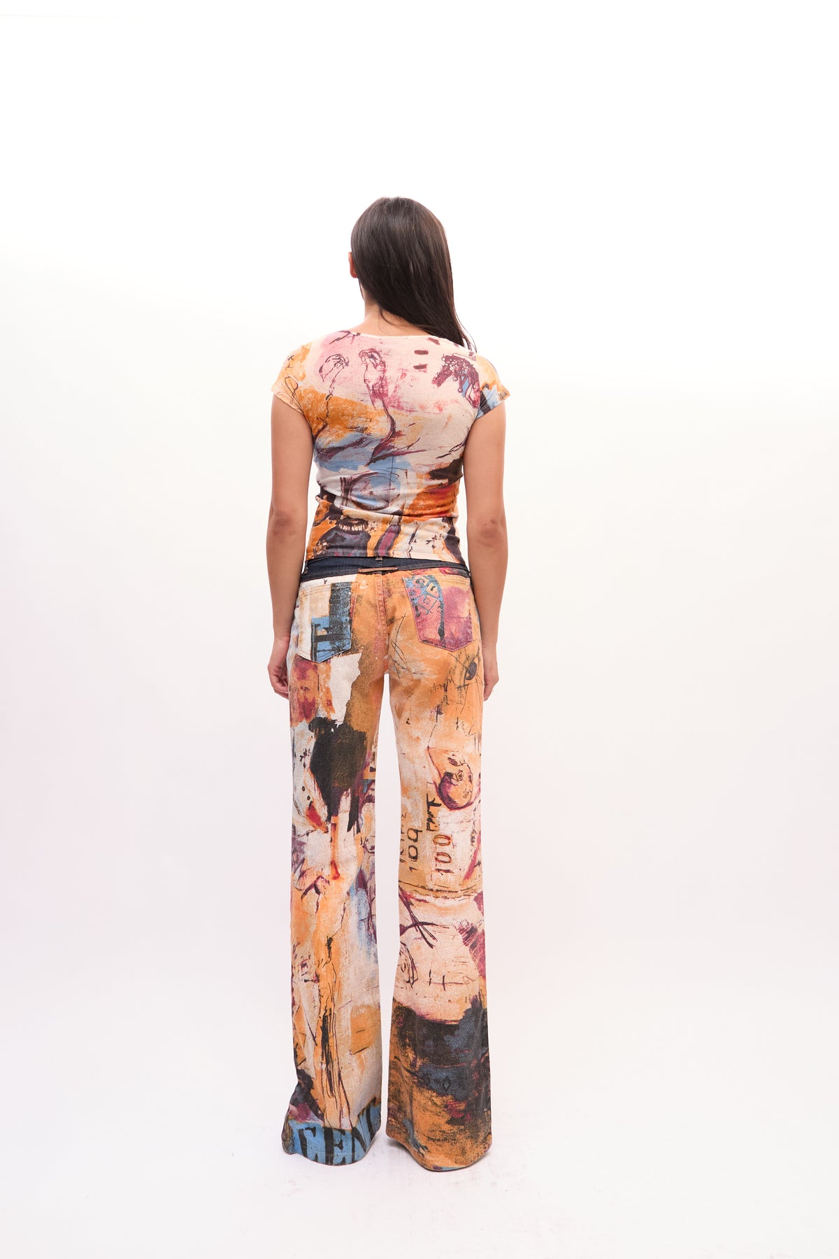 2000s Just Cavalli Orange Multicolor Napoleon Portrait Print Top Jeans Set