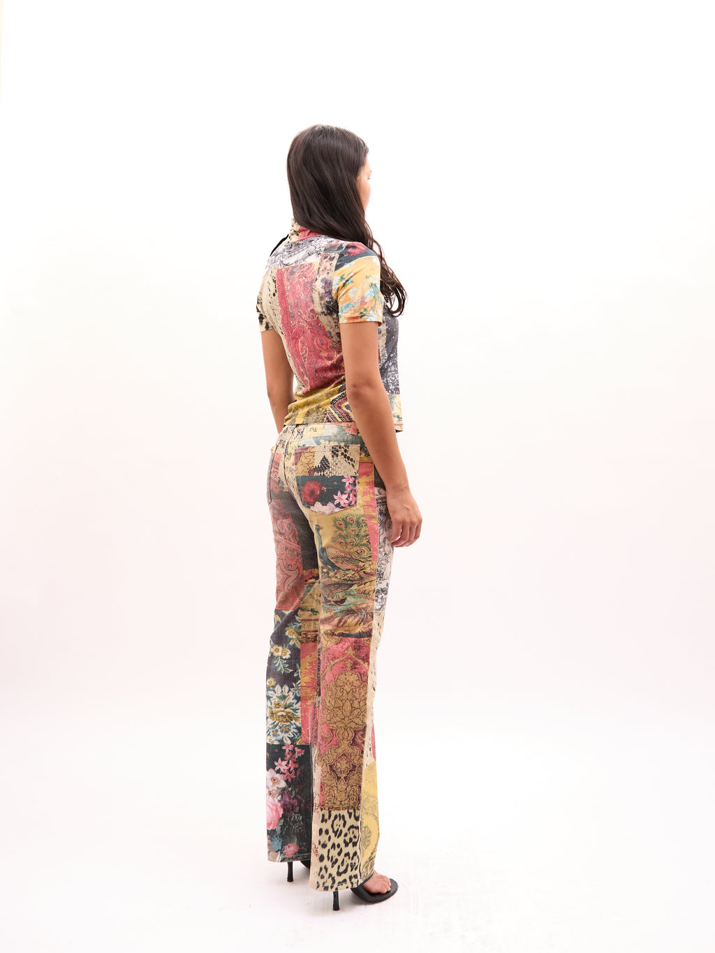 2000s Roberto Cavalli Multicolor Patchwork Top Jeans Set