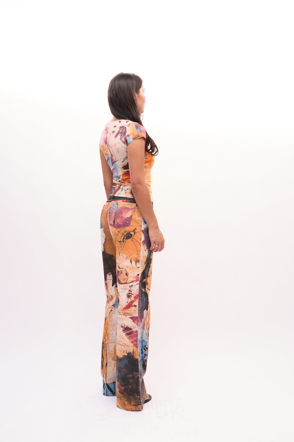 2000s Just Cavalli Orange Multicolor Napoleon Portrait Print Top Jeans Set