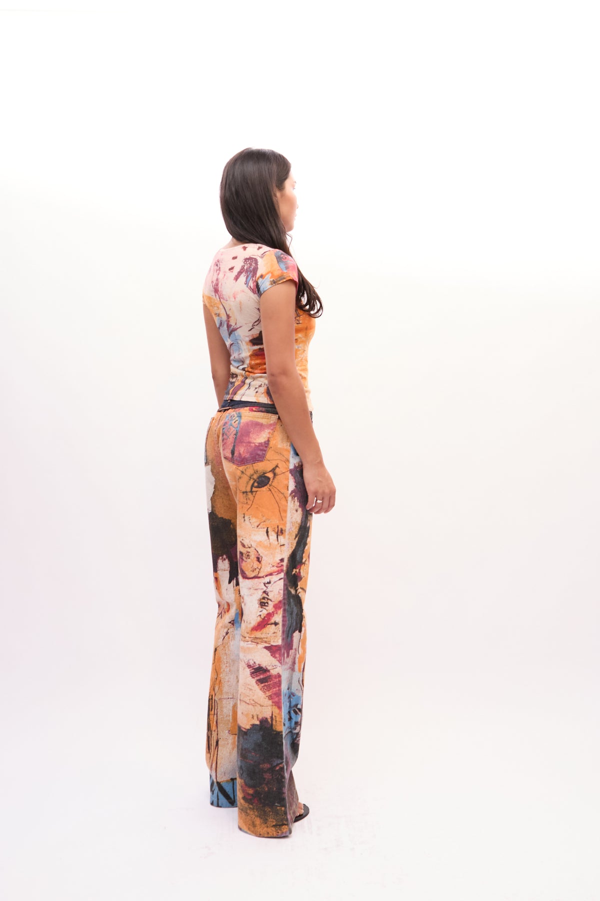 2000s Just Cavalli Orange Multicolor Napoleon Portrait Print Top Jeans Set