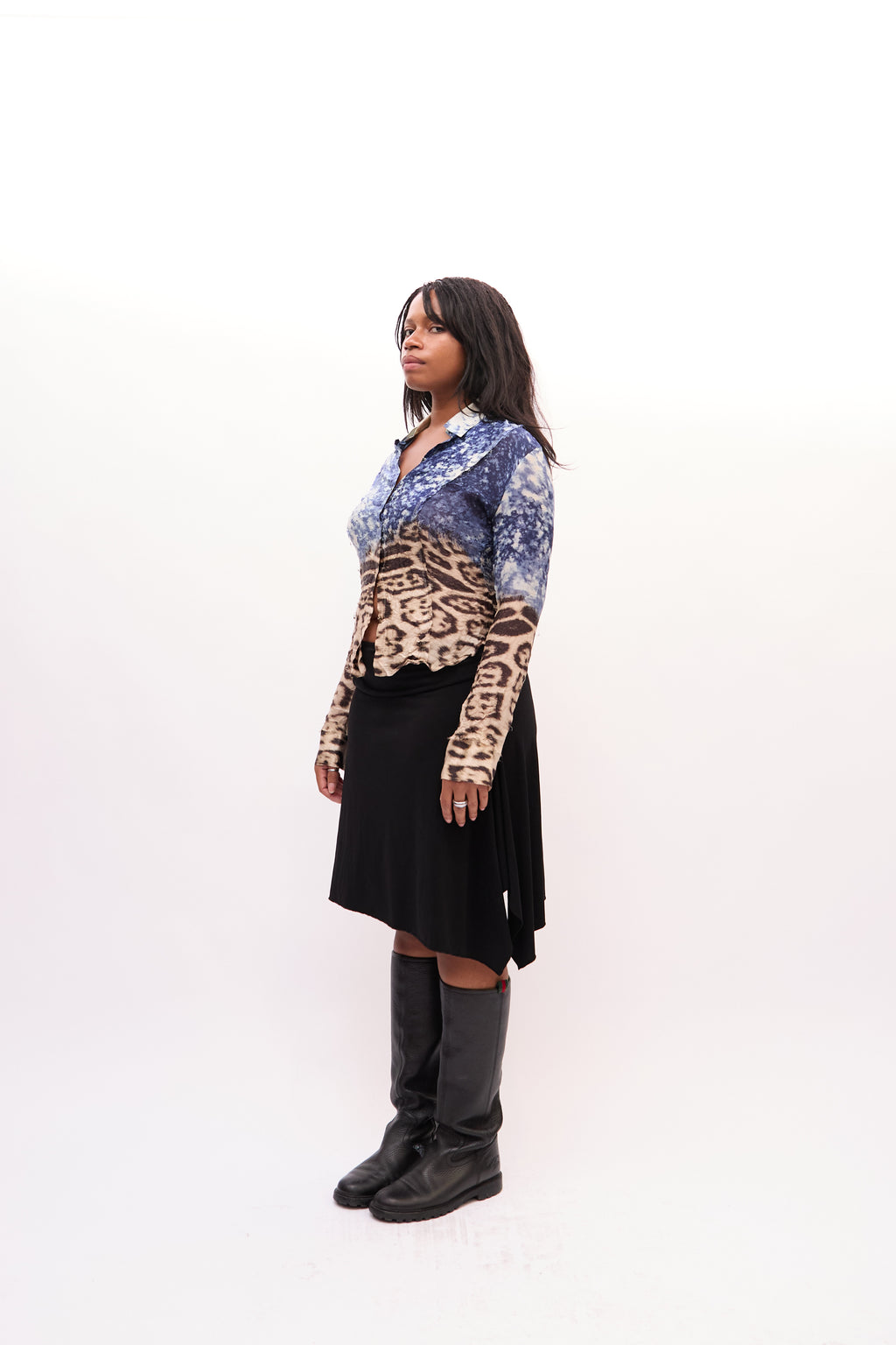 2000s Roberto Cavalli Blue Leopard Print Silk Top