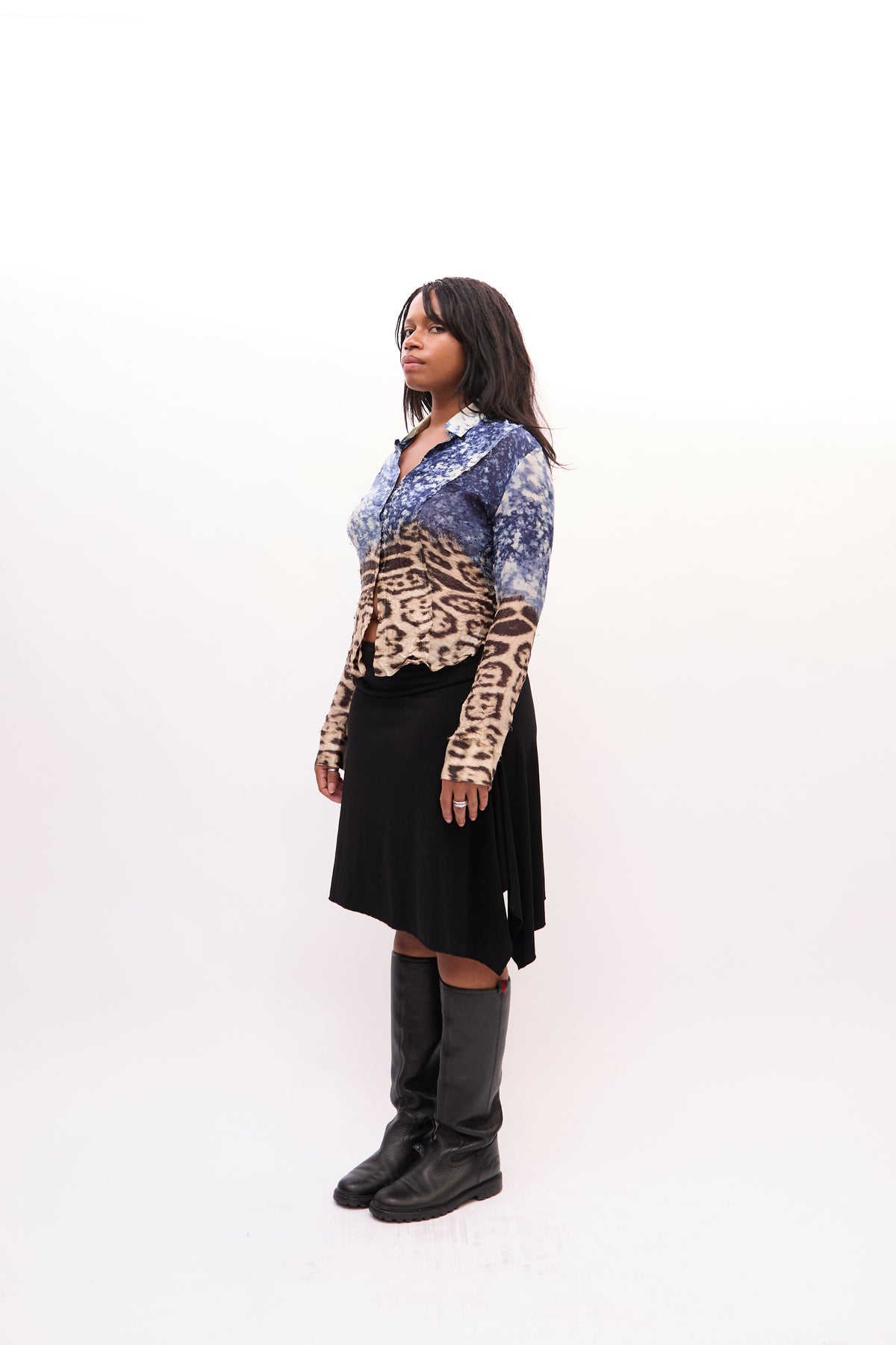 2000s Roberto Cavalli Blue Leopard Print Silk Top