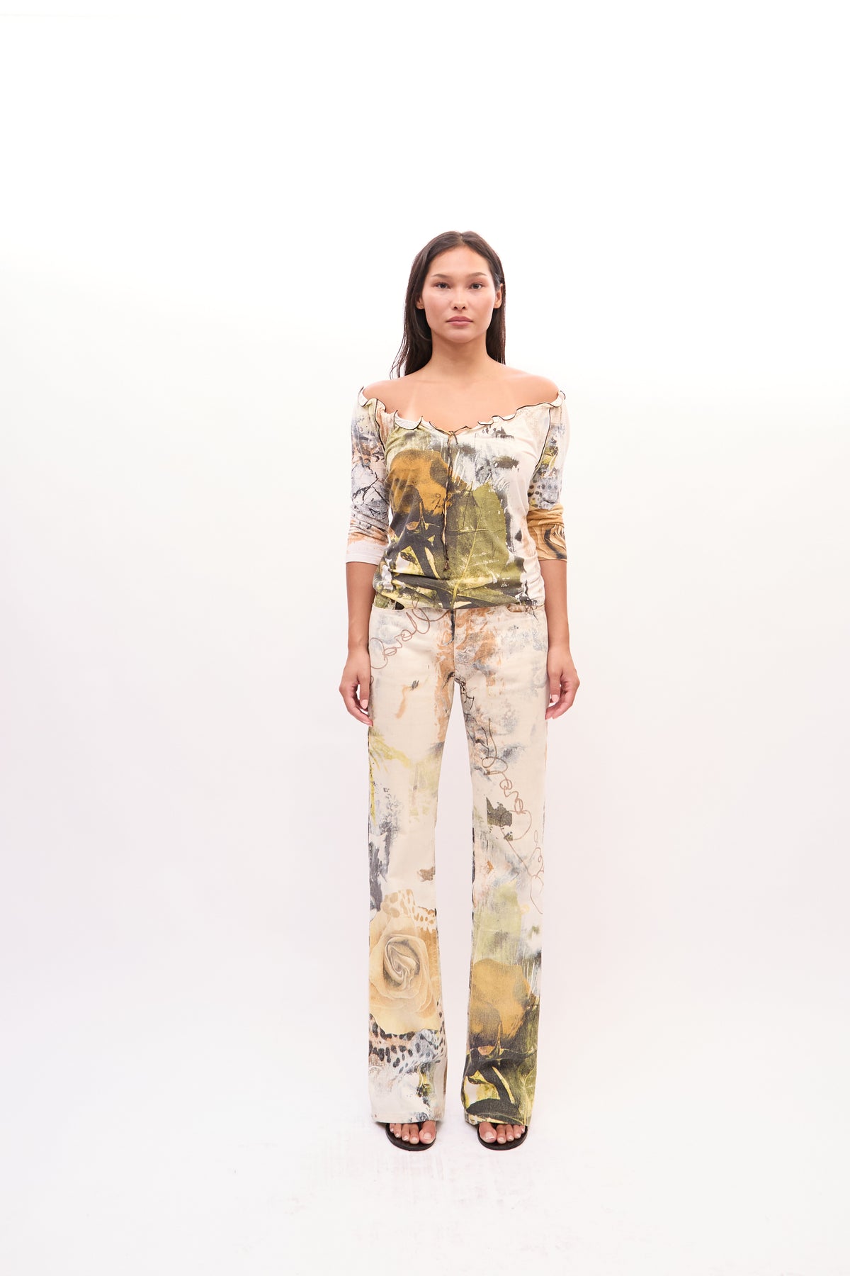 2000s Roberto Cavalli Cream Multicolor Animal Floral Print Top Jeans Set