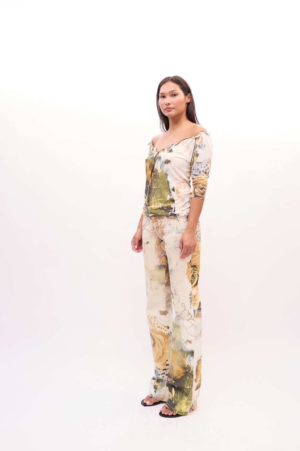 2000s Roberto Cavalli Cream Multicolor Animal Floral Print Top Jeans Set
