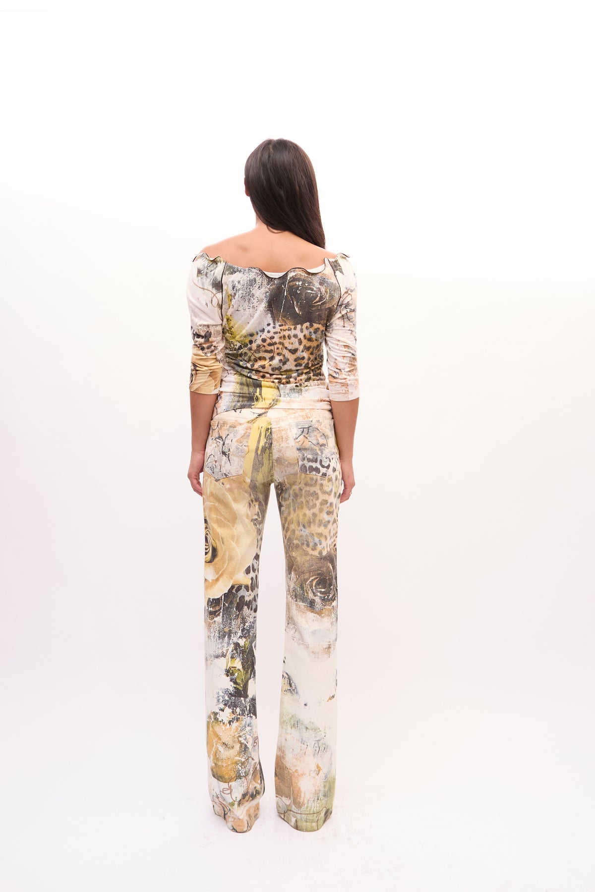 2000s Roberto Cavalli Cream Multicolor Animal Floral Print Top Jeans Set