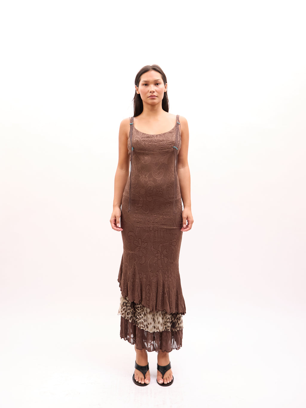 2000s Class Cavalli Brown Paisley Tiered Leopard Print Maxi Dress Dress