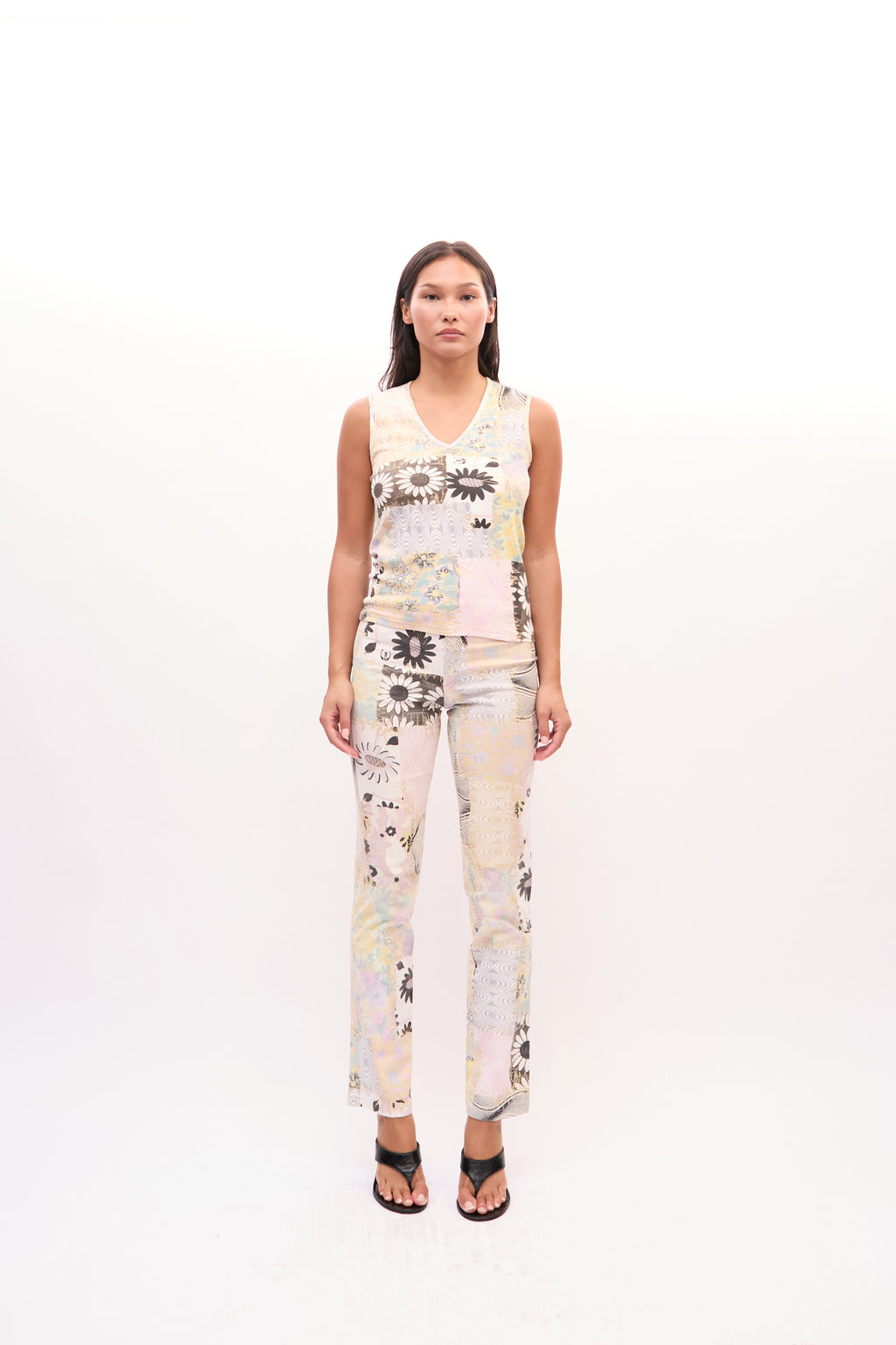 2000s Just Cavalli Cream Yellow Mixed Floral Patchwork Tank Jeans Set