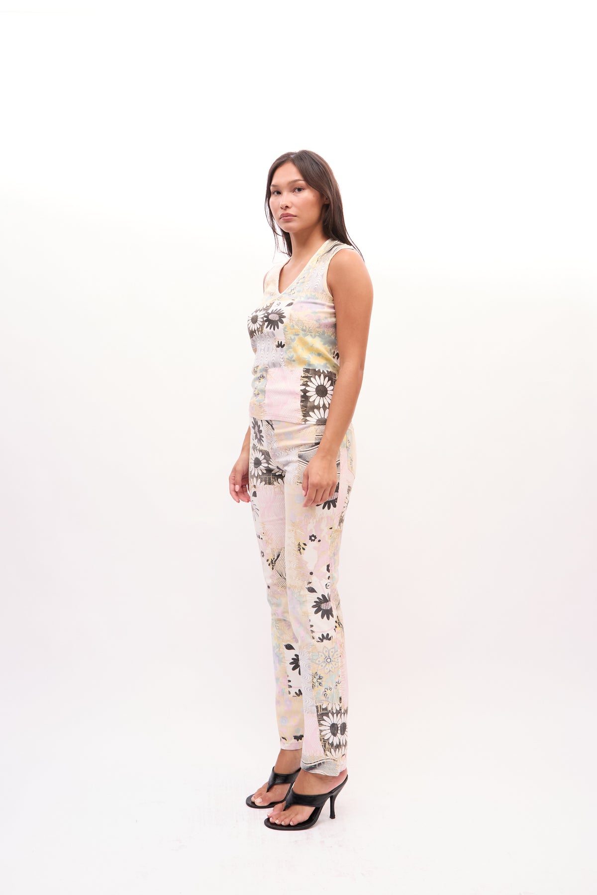2000s Just Cavalli Cream Yellow Mixed Floral Patchwork Tank Jeans Set