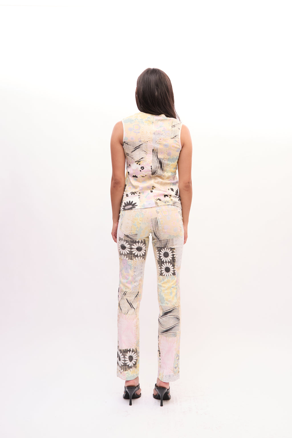 2000s Just Cavalli Cream Yellow Mixed Floral Patchwork Tank Jeans Set