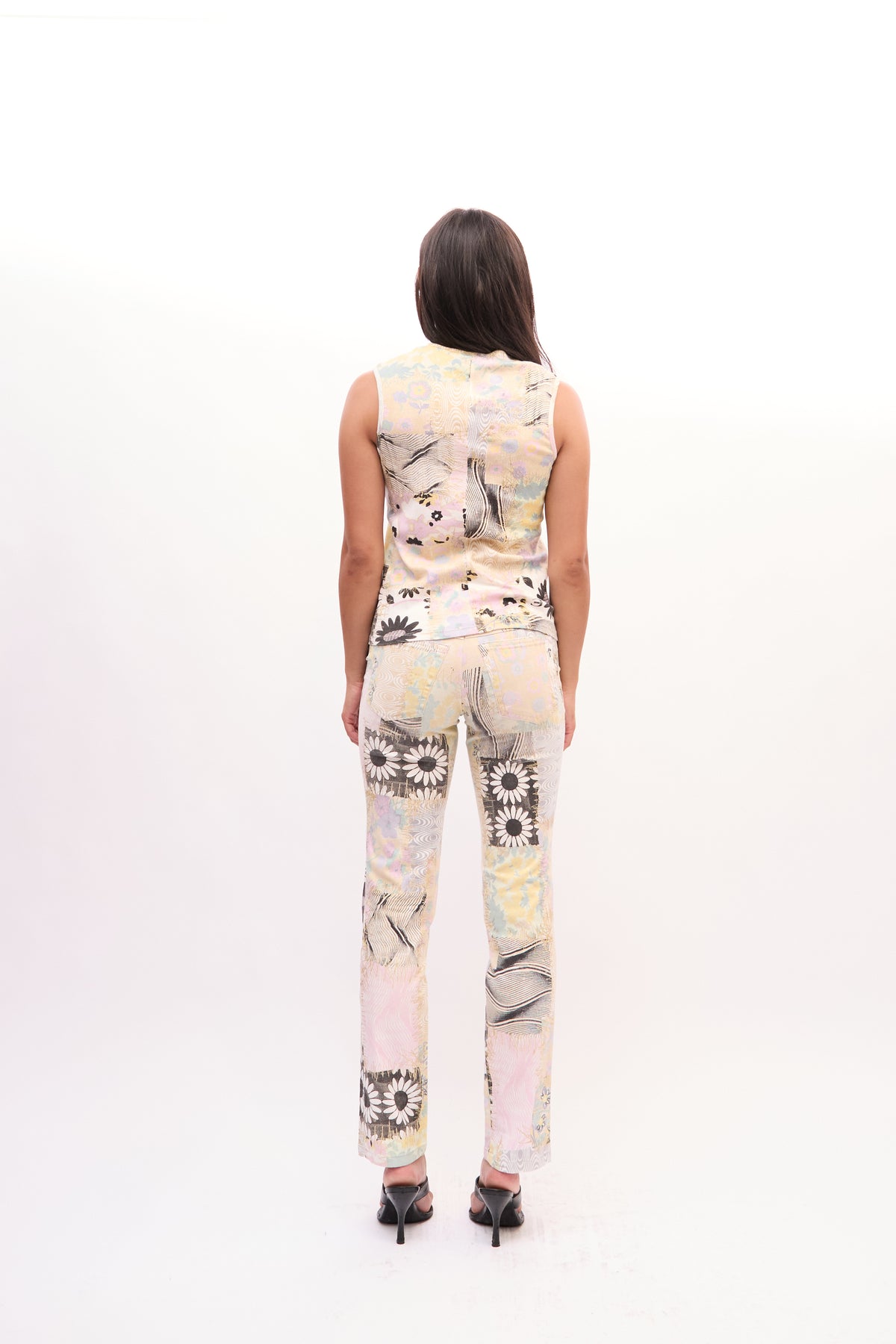 2000s Just Cavalli Cream Yellow Mixed Floral Patchwork Tank Jeans Set