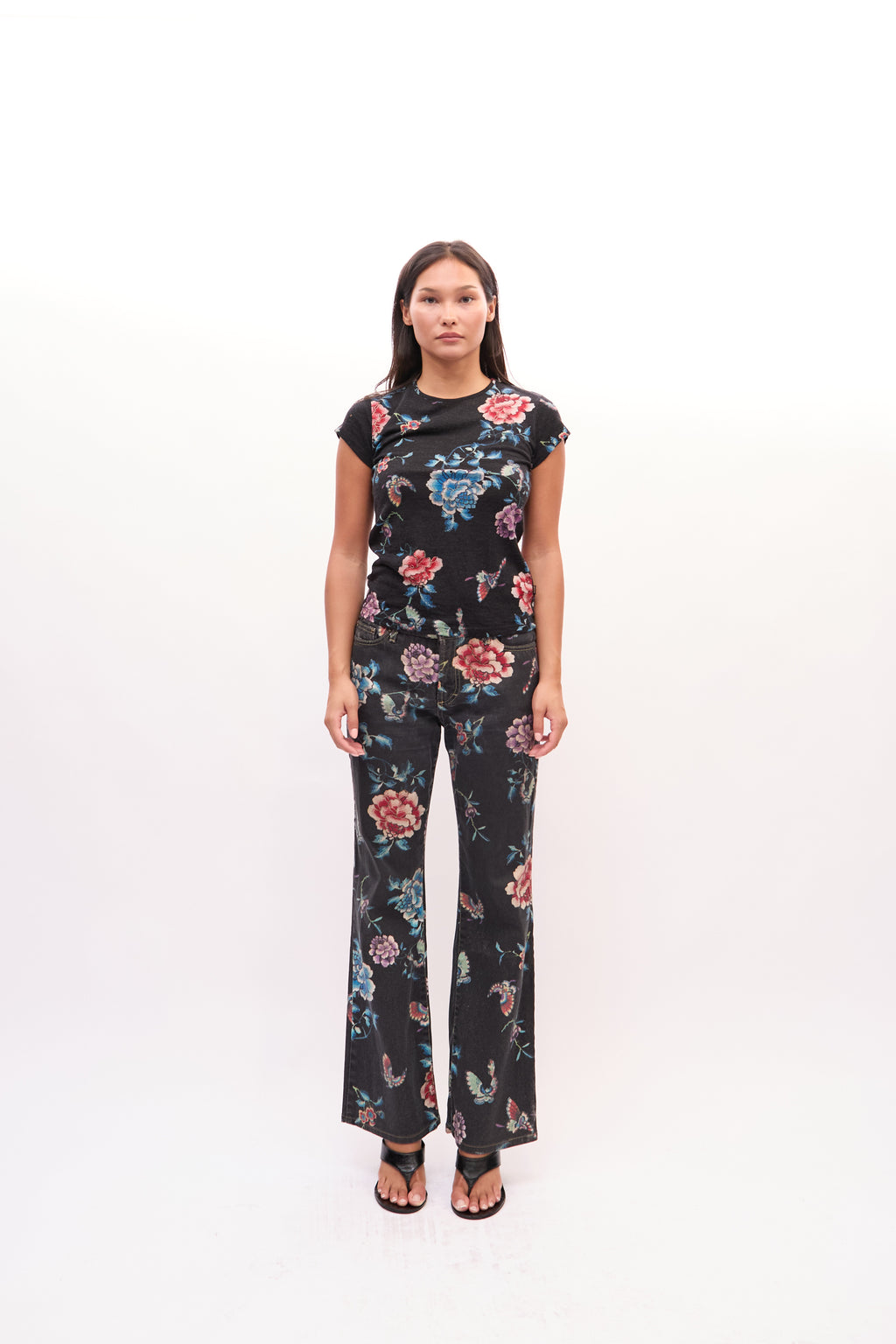 2000s Just Cavalli Black Multicolor Floral Print Peony And Butterfly Top and Jeans Set