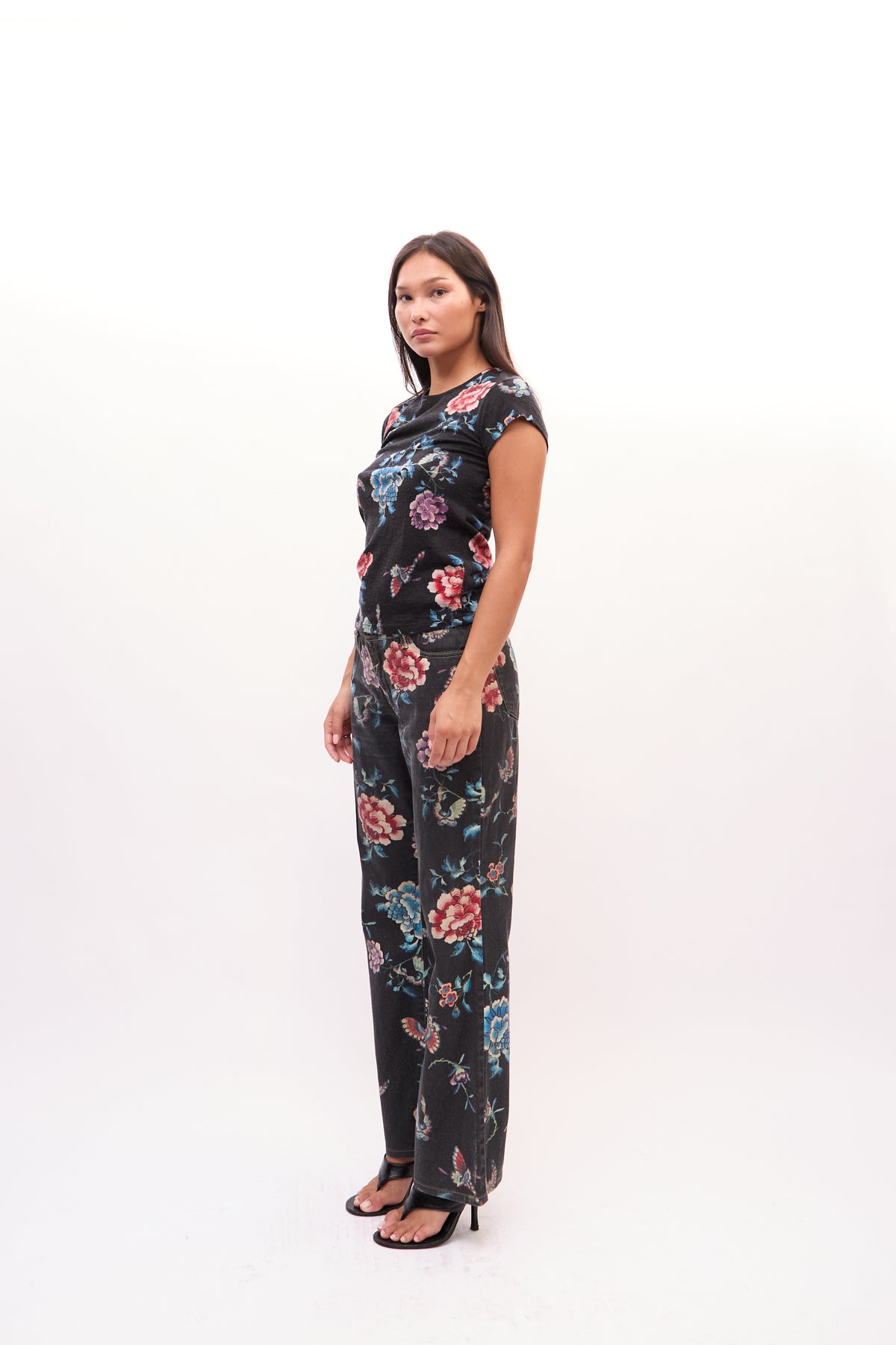 2000s Just Cavalli Black Multicolor Floral Print Peony And Butterfly Top and Jeans Set