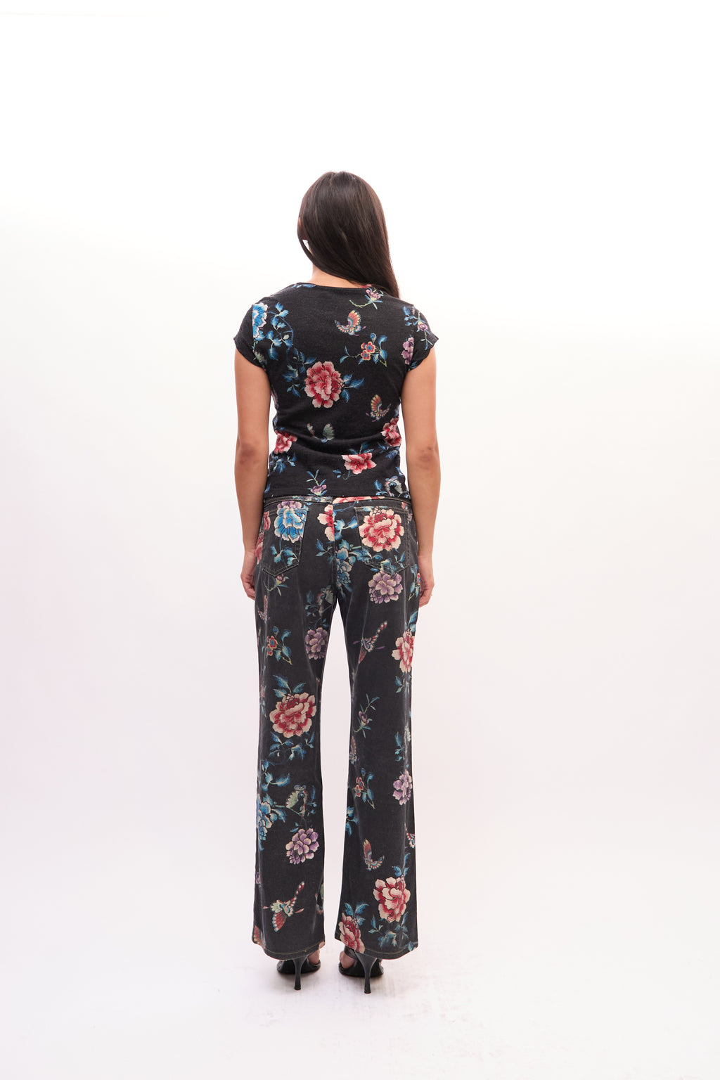 2000s Just Cavalli Black Multicolor Floral Print Peony And Butterfly Top and Jeans Set