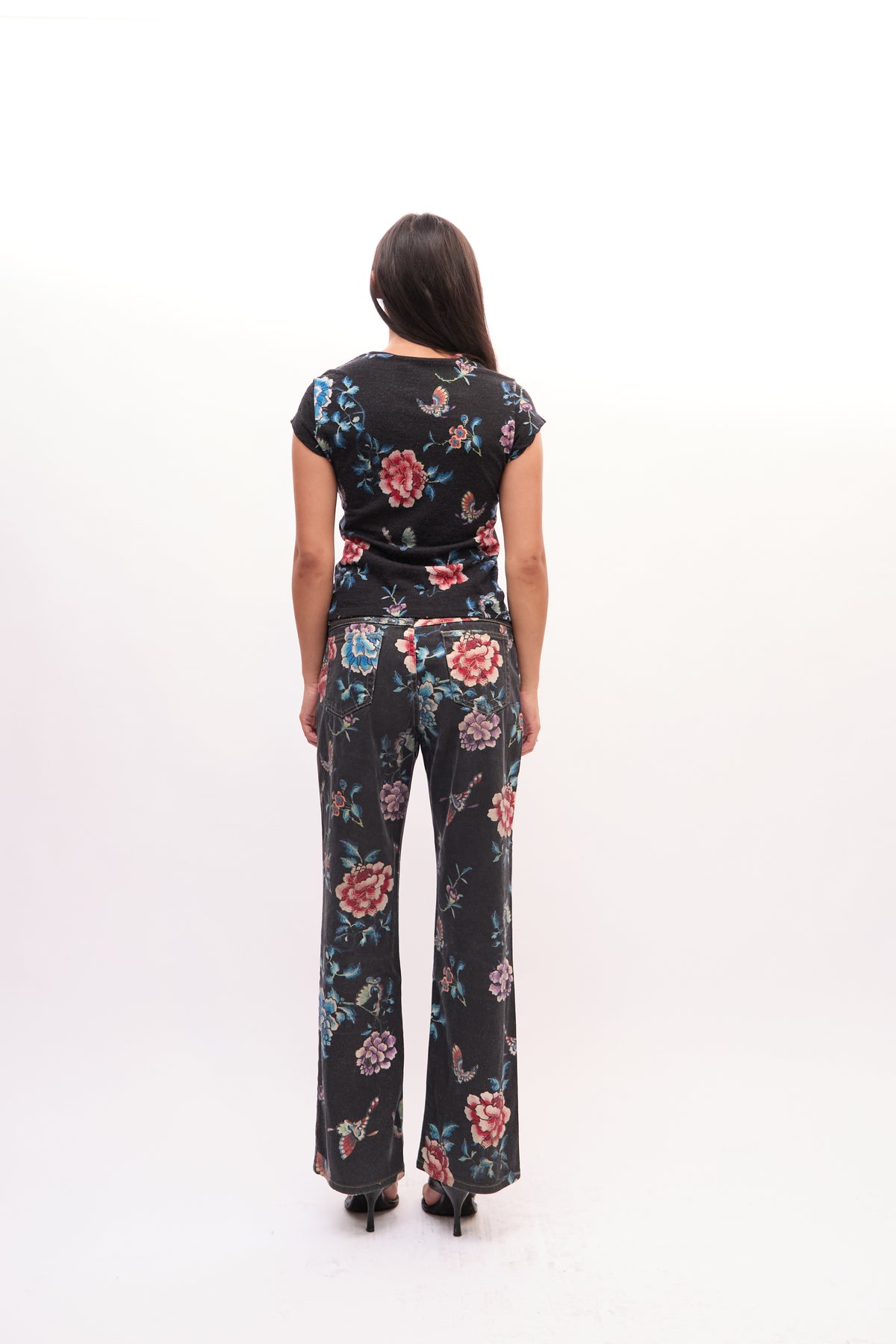 2000s Just Cavalli Black Multicolor Floral Print Peony And Butterfly Top and Jeans Set