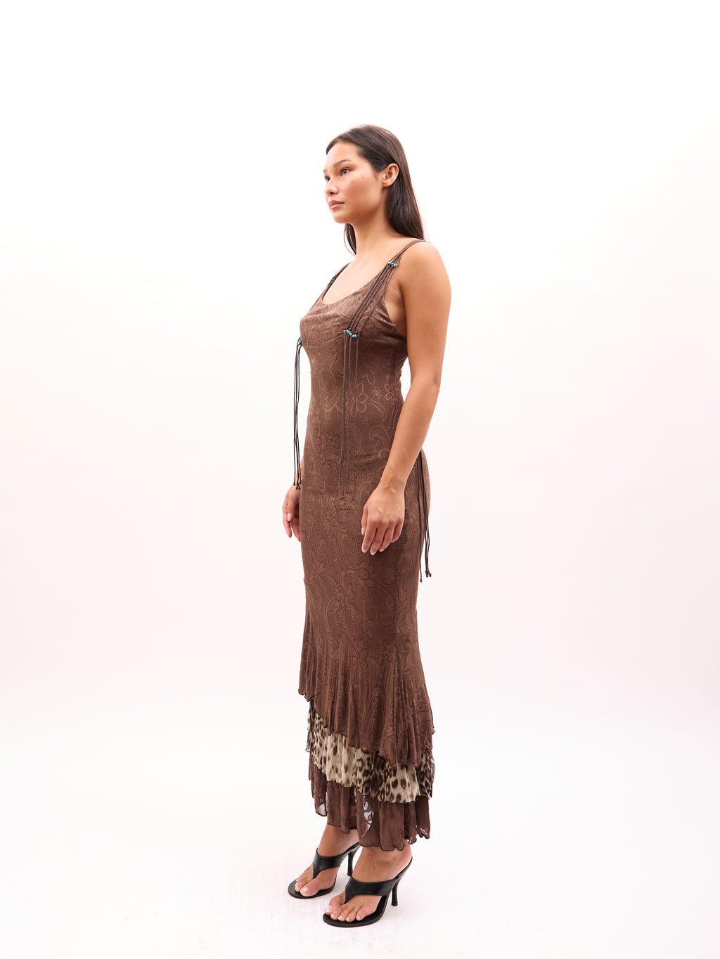 2000s Class Cavalli Brown Paisley Tiered Leopard Print Maxi Dress Dress