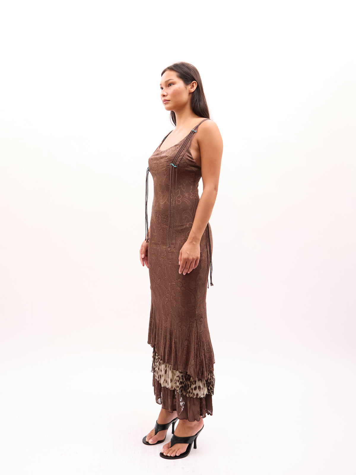 2000s Class Cavalli Brown Paisley Tiered Leopard Print Maxi Dress Dress