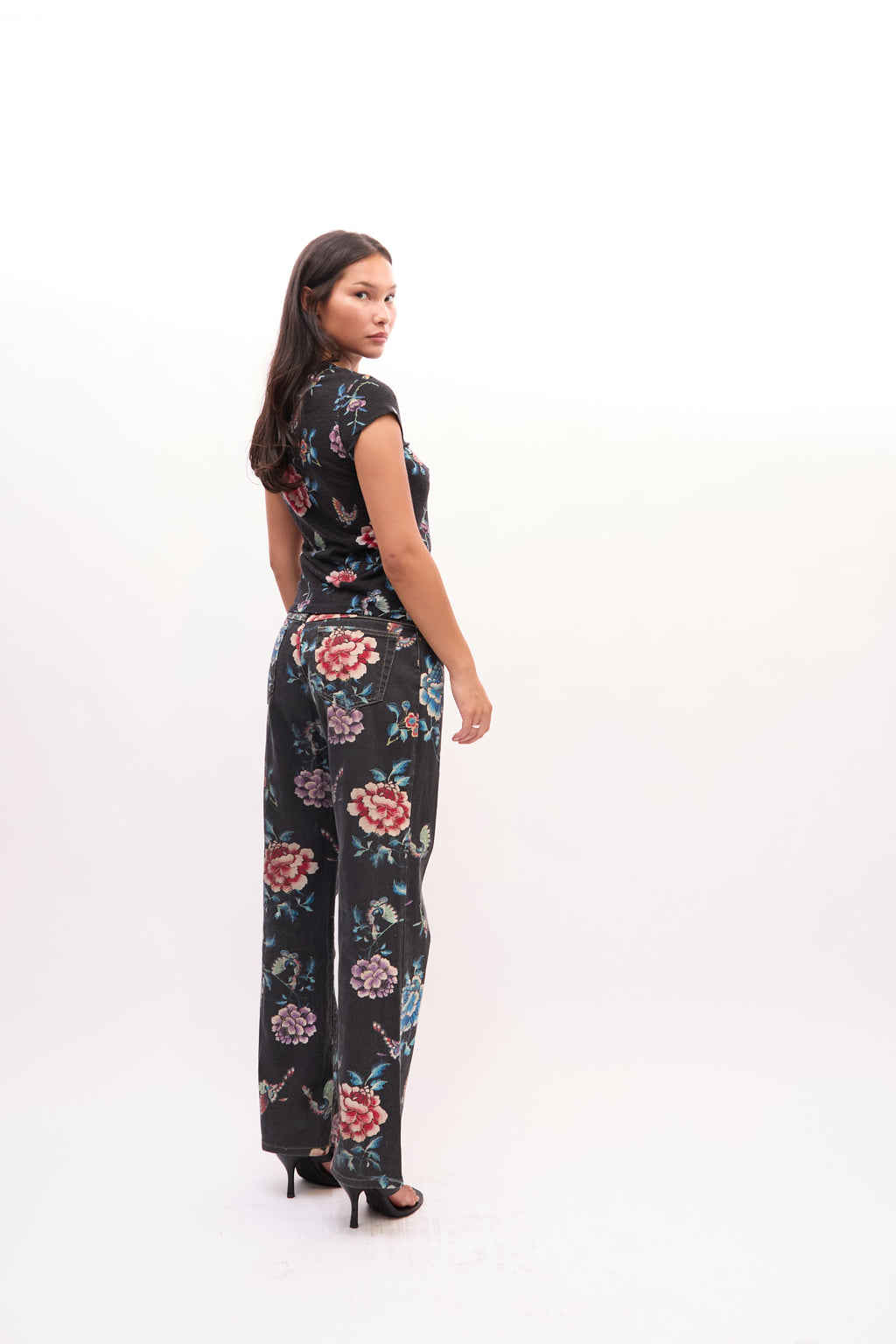 2000s Just Cavalli Black Multicolor Floral Print Peony And Butterfly Top and Jeans Set