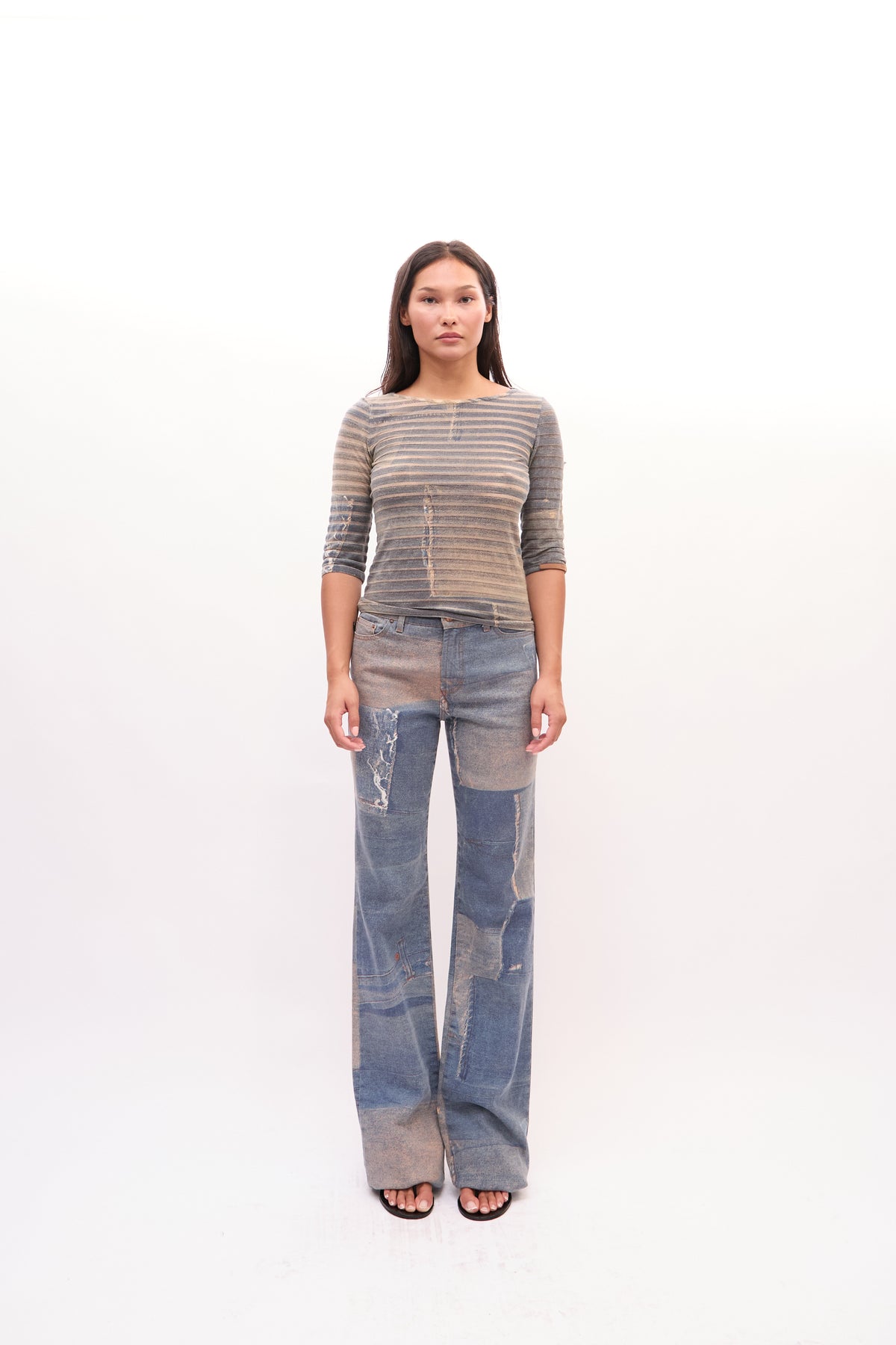 2000s Just Cavalli Blue Distressed Denim Print Mesh Top Jeans Set