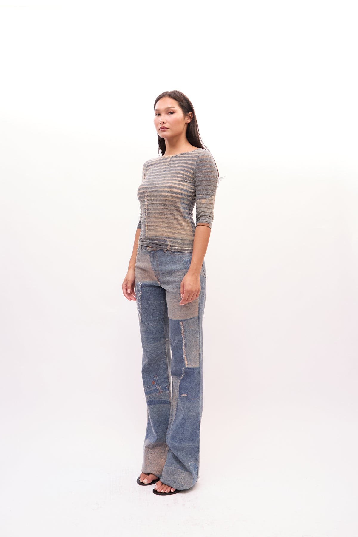 2000s Just Cavalli Blue Distressed Denim Print Mesh Top Jeans Set