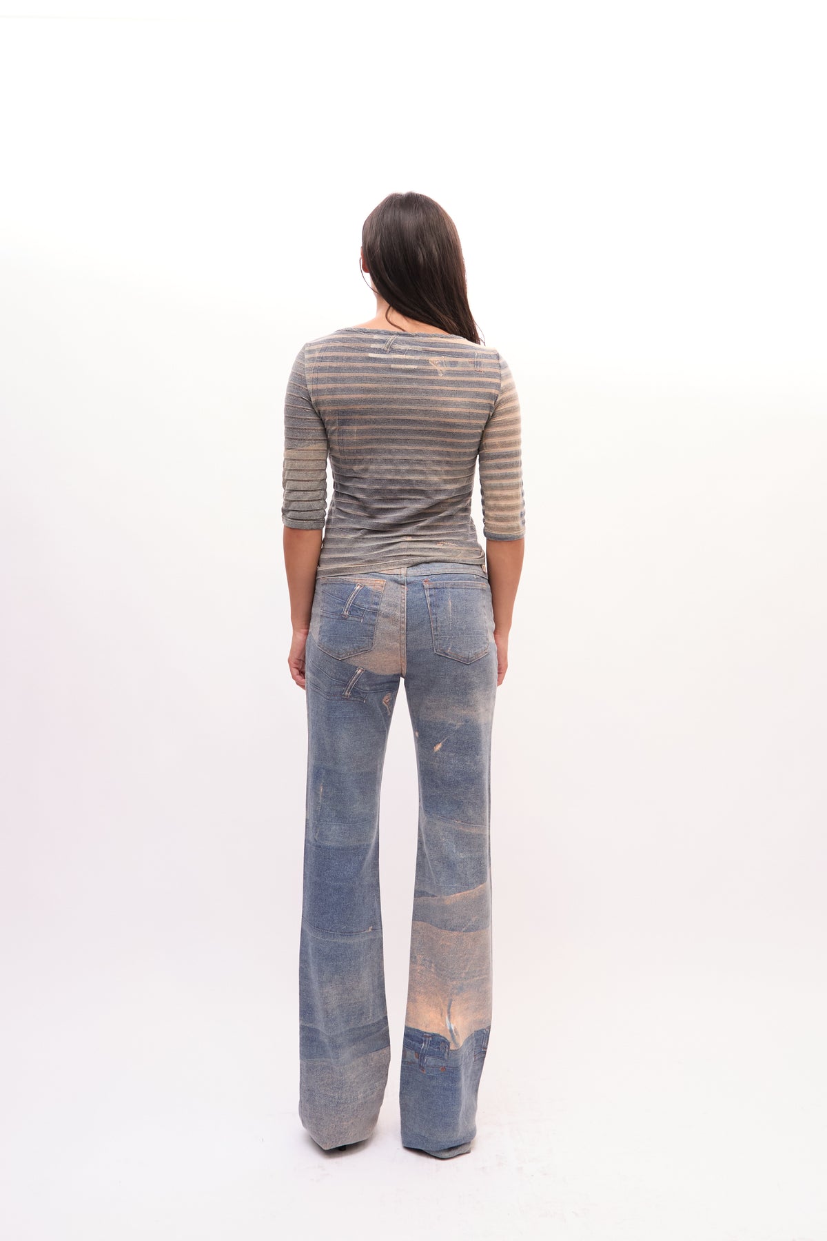 2000s Just Cavalli Blue Distressed Denim Print Mesh Top Jeans Set