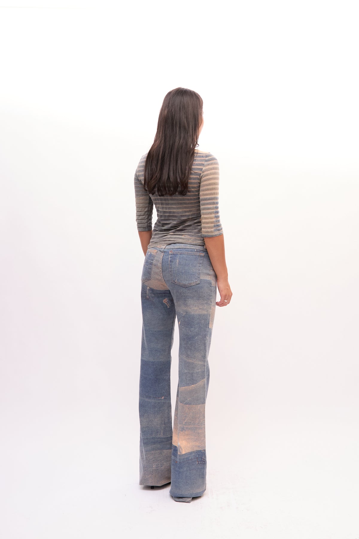 2000s Just Cavalli Blue Distressed Denim Print Mesh Top Jeans Set