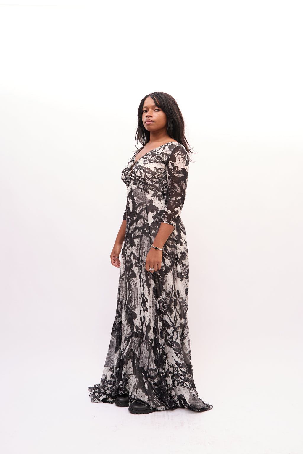 2000s Just Cavalli Black Sheer Abstract Print Silk Dress