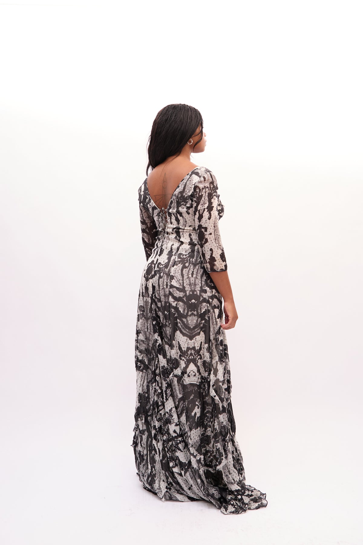 2000s Just Cavalli Black Sheer Abstract Print Silk Dress